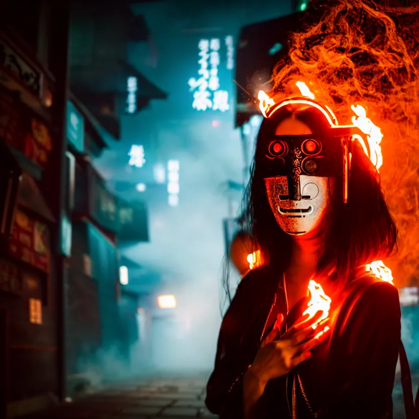 Image similar to a photo close up cyberpunk woman, wearing japanese mask, fire dance in cyberpunk dirty alley, smoke mist rain, cyberpunk gunma prefecture, midnight, photorealistic, cinematic color, studio lighting, highly detailed, bokeh, style by tomino - sama