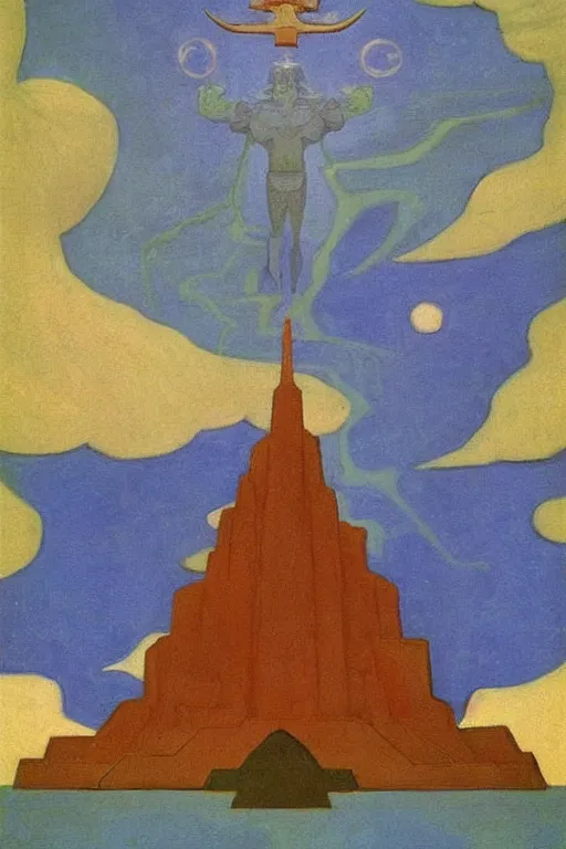 Image similar to thor, marvel, artwork by nicholas roerich,