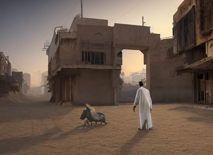 Prompt: old cyber jeddah city alley, roshan, old shops, horse, magical glowing sand gateway to another dimension, ( several robots )!!! and a man wearing a white robe standing watching over, dramatic lighting, dawn, by caspar david friedrich, unreal engine 5