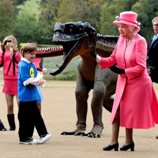 Prompt: queen elisabet dancing with a dinosaur