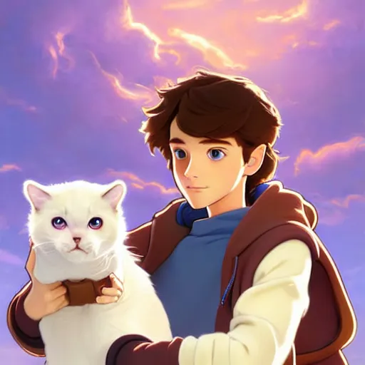 Image similar to teen boy with brown hair and big blue eyes, wearing a hoodie, holding a fluffy white persian cat, natural lighting, path traced, highly detailed, high quality, digital painting, by don bluth and ross tran and studio ghibli and alphonse mucha, artgerm, breath of the wild