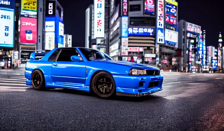 Image similar to wideshot of a Bayside Blue R34 Skyline GT-R driving in tokyo at night, highly detailed, 4k photo, shot with sony alpha