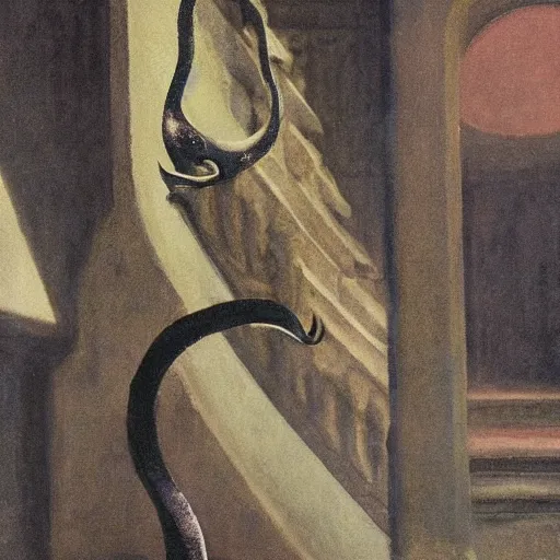 Image similar to close up of a black scary chimera in a temple, art nouveau wallpaper, dripping watercolor by gottfried helnwein, by hammershøi, highly detailed, lights by edward hopper, liminal, eerie, pastel colors, limited palette