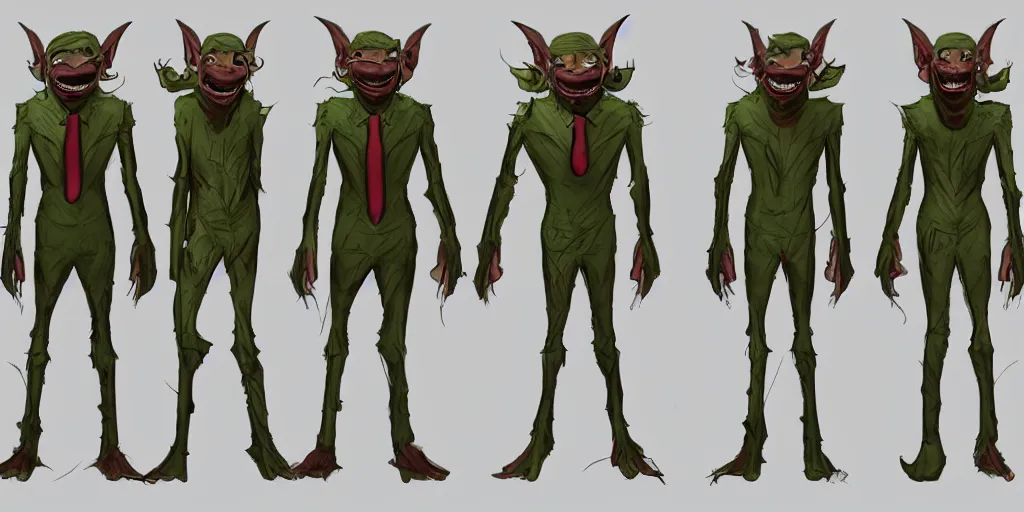 Image similar to Full body goblin, ripped suit, grinning, smile, concept sheet