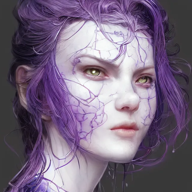 Image similar to close facial portrait of a pale woman in sci - fi armor with a flowing purple, elegant, stoic, intense, ultrafine hyperdetailed illustration by kim jung gi, irakli nadar, intricate linework, sharp focus, bright colors, octopath traveler, final fantasy, hearthstone, highly rendered, global illumination, radiant light, detailed, intricate environment