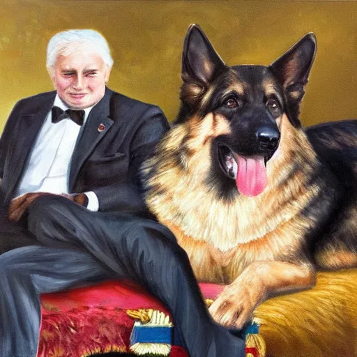 Image similar to an oil painting of a 6 4 years old man as the king of canada, and a german shepherd sitting on his legs