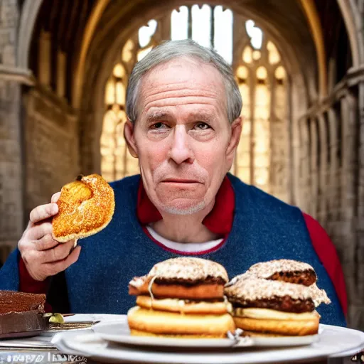 Image similar to closeup portrait of a medieval us senator eating cakes in the cloisters, depth of field, zeiss lens, detailed, symmetrical, centered, fashion photoshoot, by annie leibovitz and steve mccurry, david lazar, jimmy nelsson, breathtaking, 8 k resolution, extremely detailed, beautiful, establishing shot, artistic, hyperrealistic, beautiful face, octane render