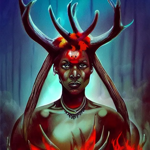 Image similar to digital illustration of a buff dark skinned woman, war face paint, shaman, red hair, antlers, character concept art + the background is a rain of fire + made by roger dean