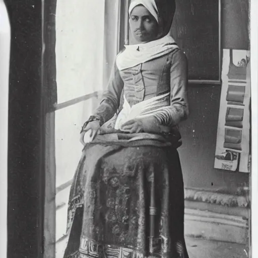 Prompt: elite egyptian woman at a french tailor in cairo, vintage photo, soft lighting, 1 8 9 0