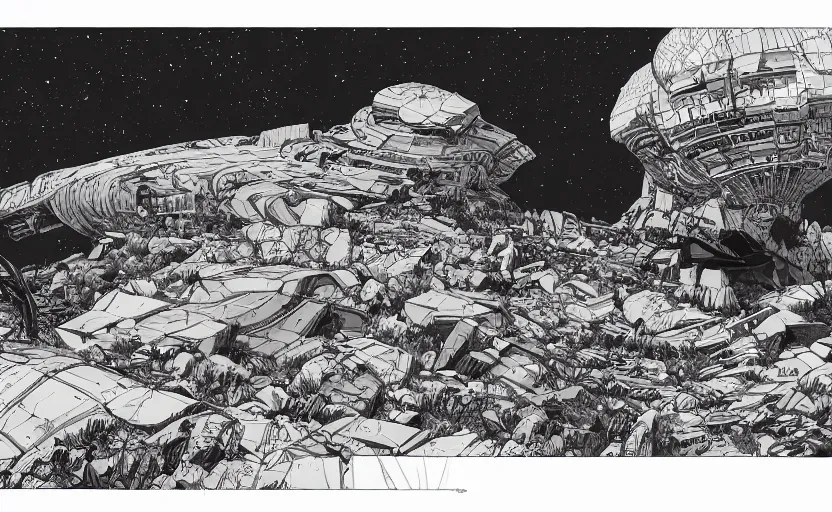 Image similar to very detailed, prophet graphic novel, ilya kuvshinov, mcbess, rutkowski, simon roy, illustration of a giant crashed space ship on a craggy desert planet, wide shot