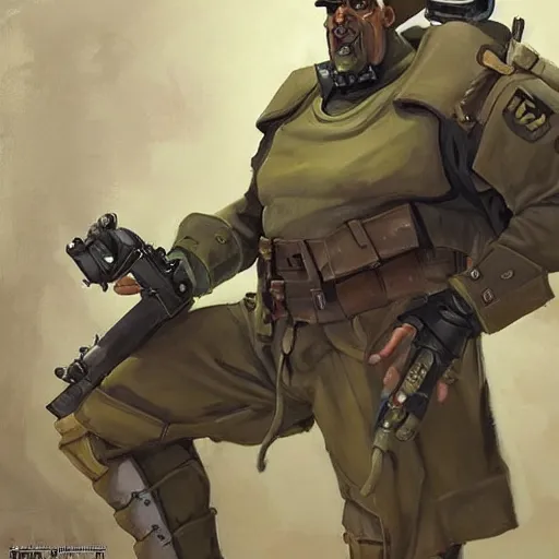 Image similar to greg manchess digital painting of an old dieselpunk orc military officer ( as an overwatch character ) with olive green skin sitting at a desk in his office, organic painting, matte painting, bold shapes, hard edges, street art, trending on artstation, by huang guangjian and gil elvgren and sachin teng