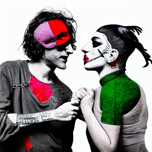 Image similar to mimmo rottela and banksy as joaquin phoenix skinny joker holding hand lady gaga harley queen, photorealistic, intricate details, pop art style, concept art, confident, love, random object movement, 3 colors, 4 k, 4 d, ultra smooth, sharp focus