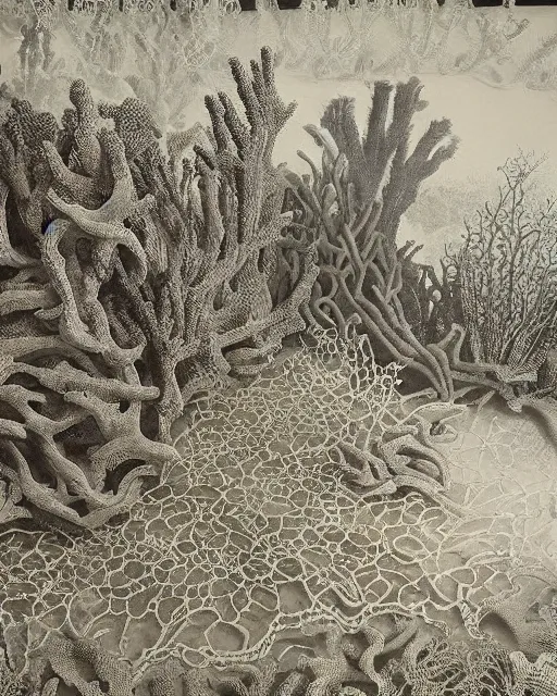 Image similar to a coral reef, made of intricate decorative lace leaf skeleton, in the style of the dutch masters and gregory crewdson, dark and moody