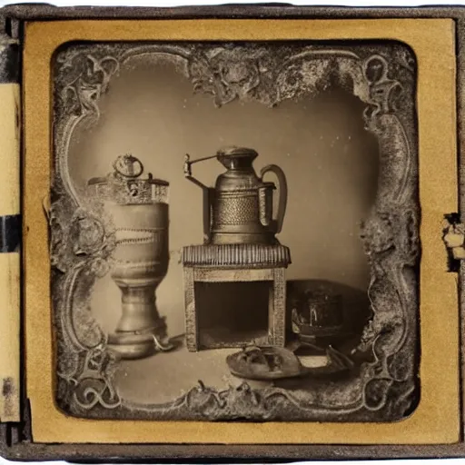 Image similar to Tintype photograph of a magical objects displayed in an ethnographic museum, archive material, anthropology, 1920s studio lighting.