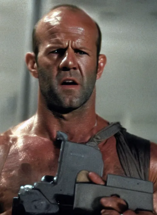 Image similar to film still of Jason Statham as John McClane in Die Hard, 4k