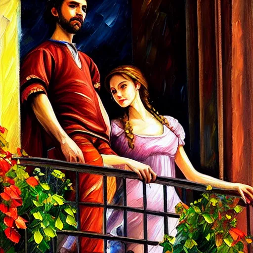 Image similar to highly detailed painting of shakespeare's romeo and juliet, balcony scene. juliet is at the balcony, romeo is in the street. intricate, high quality oil painting artstyle, in the style of leonid afremov, deviantart, figurative art, deviantart, ilya kuvshinov, lovecraftian, very detailed face, portrait