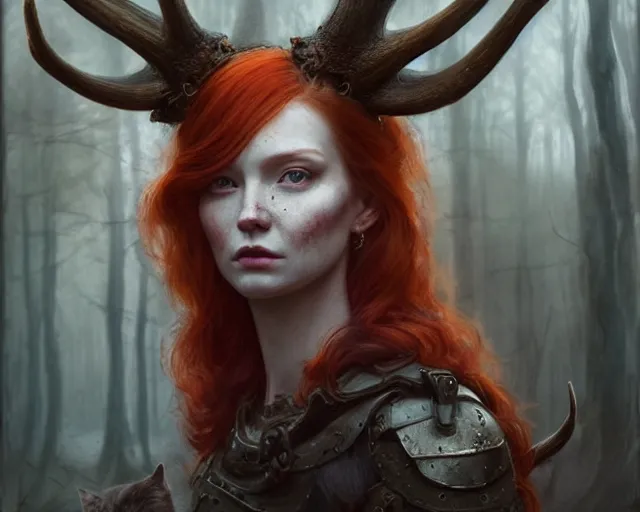 Image similar to 5 5 mm portrait photo of an armored gorgeous aesthetic redhead woman warrior with a face tattoo and antlers growing from her head and cat on her shoulder, in a magical forest. dark atmosphere. art by greg rutkowski. highly detailed 8 k. intricate. lifelike. soft light. nikon d 8 5 0.