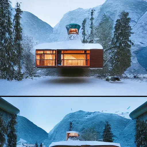 Image similar to wes anderson style modern futuristic cosy house near the lake, snowy mountains and green forest, cinematic, realism, photo, detailed