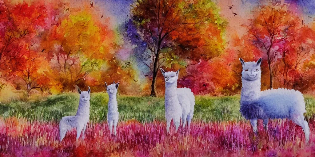 Prompt: water colour painting of fairy alpaca's in an autumn meadow, fantasy, vibrant, light pink tones, 8 k, high quality