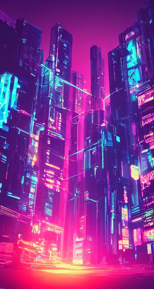 Prompt: cyberpunk city, neon lights, glow, sunset, retrowave style,