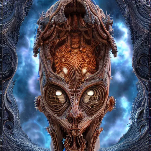 Image similar to a highly detailed photographic portrait of an alien, biomechanical sculpture, mandelbrot fractal, intricate, elegant, ornate, elegant, luxurious, beautifully lit, ray traced, octane 3D render in the style of Gerald Brom and James Gurney