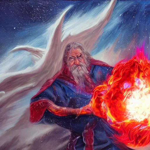 Image similar to Highly detailed oil painting, concept art, of a wizard casting a fireball spell, fighting against a huge ice giant, red and blue color scheme, concept art, highly detailed.