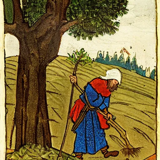 Image similar to a painting of a medieval peasant cutting down a tree