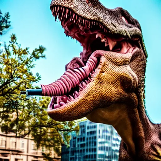 Image similar to dinosaur smoking a cigarette realistic 8 k hdr 3 5 mm