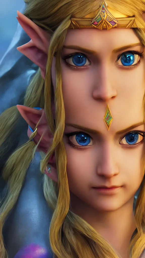 Prompt: Princess Zelda, Artstation HQ, photorealistic, hiperrealistic, sharp focus, 4k UHD, Unreal Engine 5, close up, studio lightning, brught tones, high contrast, intricate, masterpiece, sharp focus, cellshaded