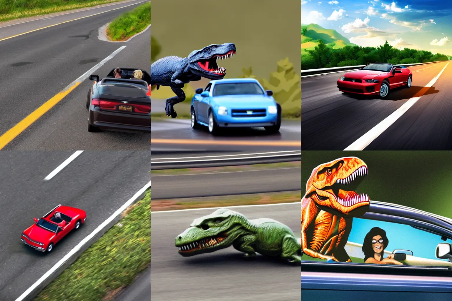 Prompt: a t-rex happily riding a fast convertible on the highway,photorealistic, award winning, highly detailed
