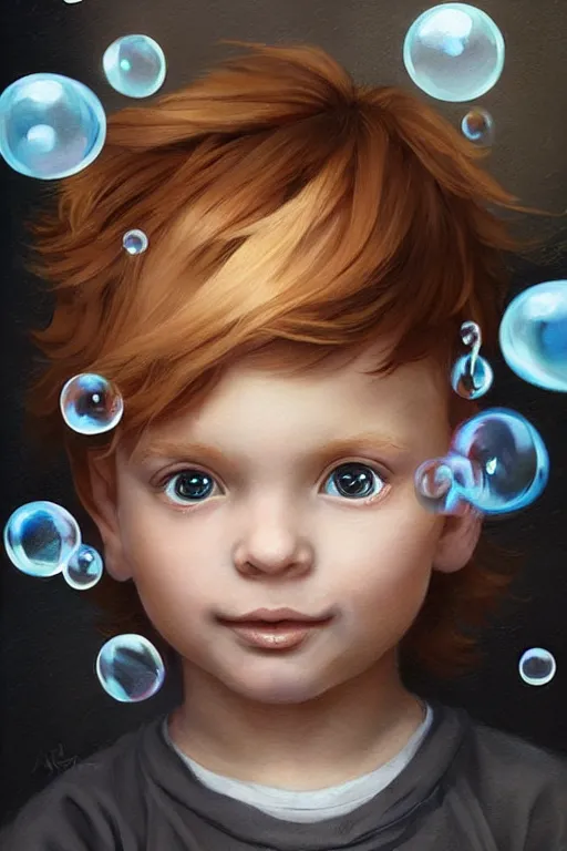 Image similar to a little boy with ginger hair chasing bubbles. clean elegant painting, beautiful detailed face, lots of bubbles. by artgerm and greg rutkowski