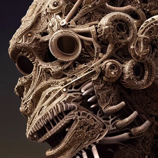 Prompt: a highly detailed photograph of a cyborg, biomechanical sculpture, mandelbrot fractal, intricate, ornate, elegant, luxurious, beautifully lit, ray traced, octane 3D render in the style of Gerald Brom and Ted Nasmith - H 1280