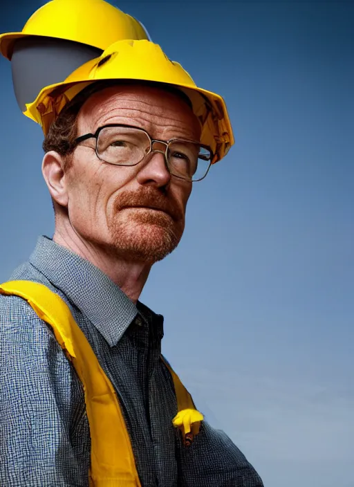 Image similar to closeup portrait of mecha bryan cranston with construction crane spider legs, yellow hardhat, natural light, bloom, detailed face, magazine, press, photo, steve mccurry, david lazar, canon, nikon, focus