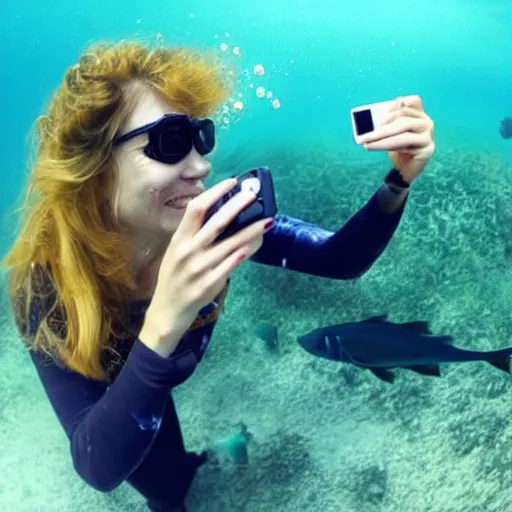 Prompt: woman taking a selfie with a fish, underwater, gopro photo