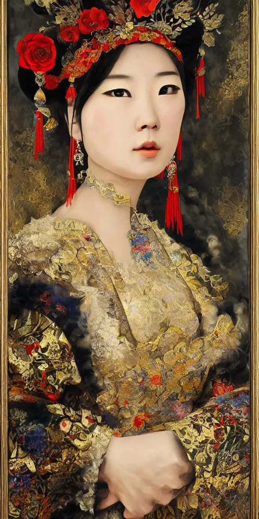 Image similar to Highly detailed and cinematic romantic period oil painting of the Chinese pirate queen Zheng Yi Sao, strong atmosphere, oil painting masterpiece by Josep Tapiró Baró, symmetry, fractals