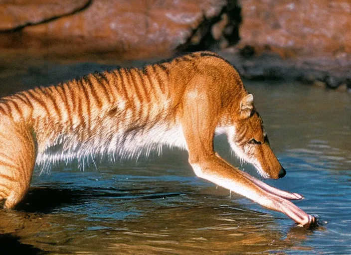 Prompt: photo of a thylacine, ‘Tasmanian ((tiger))’, thylacine, detailed fur, long thin tail, long snout, small eyes, drinking water from a lake, Australia, HD, National Geographic,