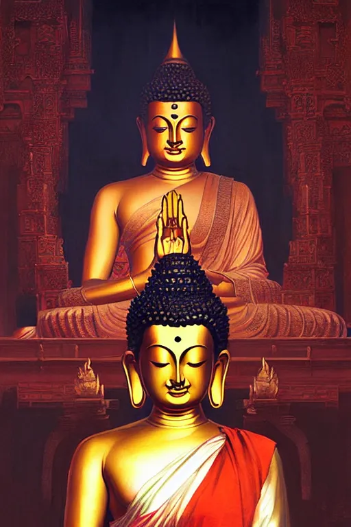 Image similar to temple, buddha, painting by greg rutkowski, j. c. leyendecker, artgerm