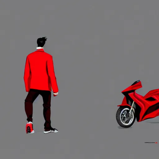 Image similar to man with a red jacket walking toward a red futuristic racing motorbike, isometric view from behind, gray background, ink drawing, panoramic view, wide angle, ultra realistic, intricate details, cyberpunk, ultra detailed, sharp focus, trending on artstation