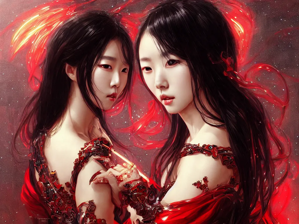 Image similar to portrait han so hee korean actress, wearings black and red samurai armor, in temple firefly sparkles night, ssci - fi and fantasy, intricate and very very beautiful and elegant, highly detailed, digital painting, artstation, concept art, smooth and sharp focus, illustration, art by tian zi and wlop and alphonse mucha