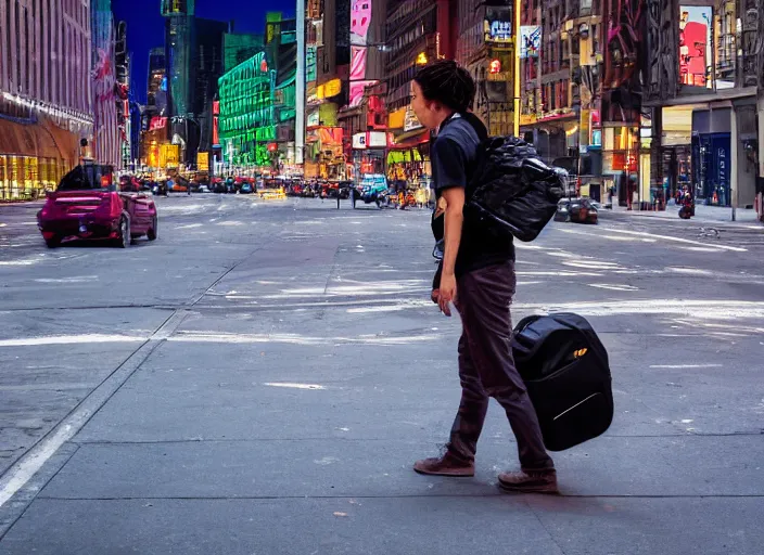 Image similar to photography of a Cat being carried in an half open backpack . in a new york street. award winning photo, led lighting, night, 130mm, sharp, high res