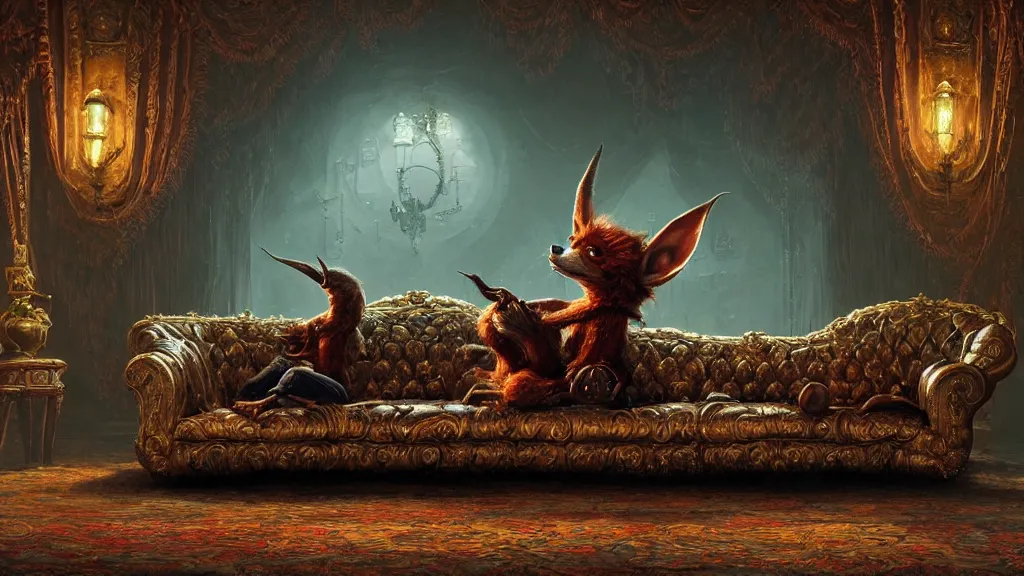 Image similar to a goblin sitting on an ornate victorian couch made out of fox fur, intricate, detailed, volumetric lighting, sharp focus, photorealism, digital painting, highly detailed, concept art, by roger dean and simon stalenhag and mark brooks