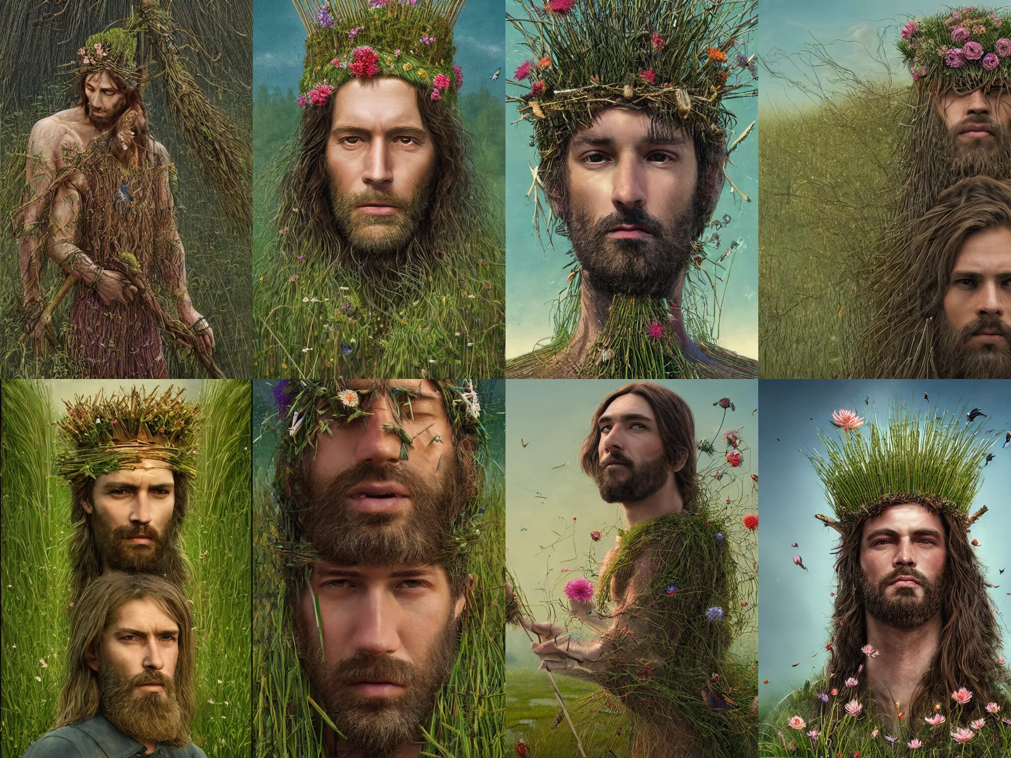 Prompt: a portrait of the king of nature with long hairs and his body made of grass and sticks and a crown made of flowers, a pond with grass and flowers flying around in the background, art by James Jean and Wayne Barlowe, high detail, cinematic, cgsociety 8k