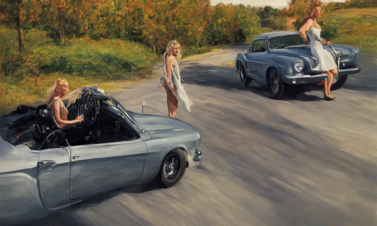 Prompt: 1950 blonde driving a Ford mustang on a country road, Swedish countryside, freedom, dawn, impressionism, realistic, painting, trending on artstation, beautiful, masterpiece