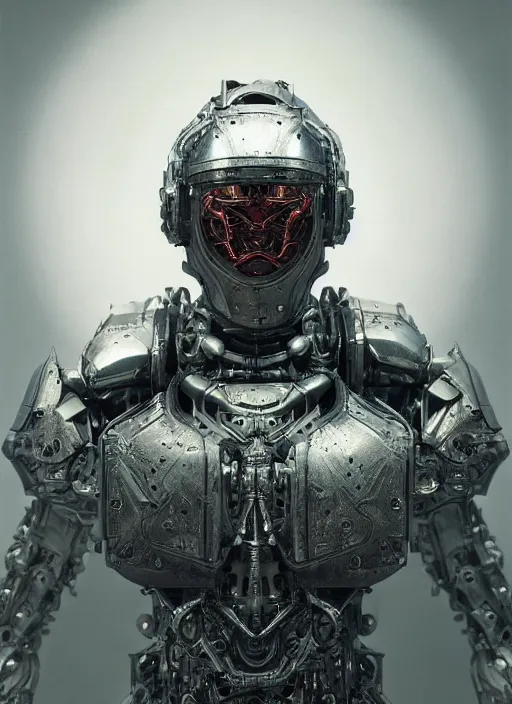 Image similar to portrait of a futuristic silver armored knight district 9 cyborg, modern fine art, fractal, intricate, elegant, highly detailed, digital photography, subsurface scattering, by jheronimus bosch and greg rutkowski,