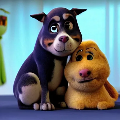 Image similar to insanely cute cuddling dog in pixar remake