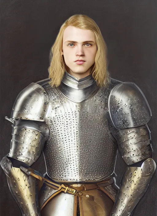 Image similar to oilpainting of a handsome young knight with a beautiful face and clear skin, long blond hair, wearing an intricate and detailed plate armor, no helmet, high resolution, clear image, digital art, studio photo, 4 k, clear lines, artstation, rendition by jan van eyck