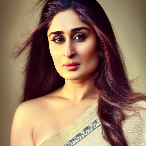 Prompt: amazing portrait of kareena kapoor, 1 0 0 mm, natural lighting, hyper realistic