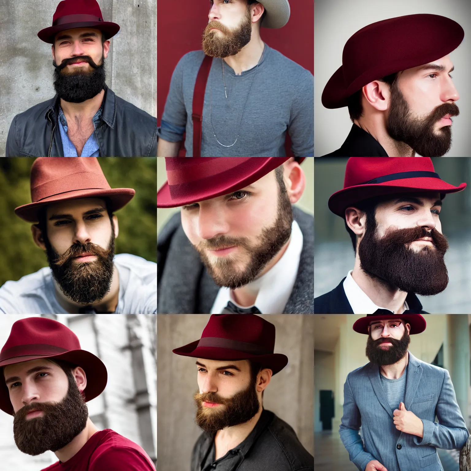 Prompt: young man square jawline ethan hawk dark red fedora hat smirk croatian beard