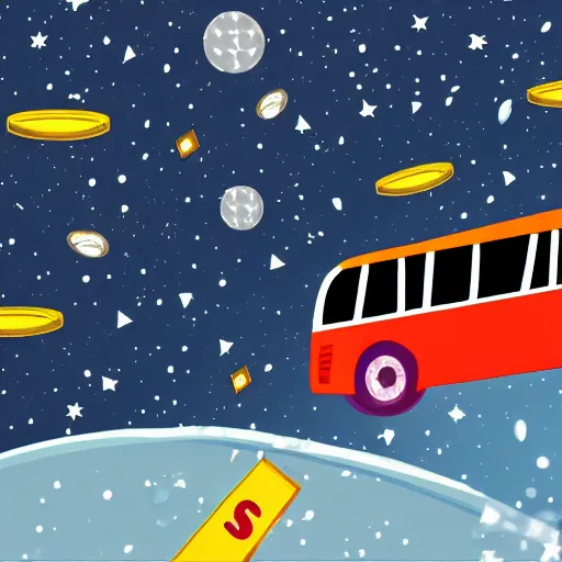 Prompt: a bus driving in outer space with money flying out of the bus windows. illustrated, high resolution