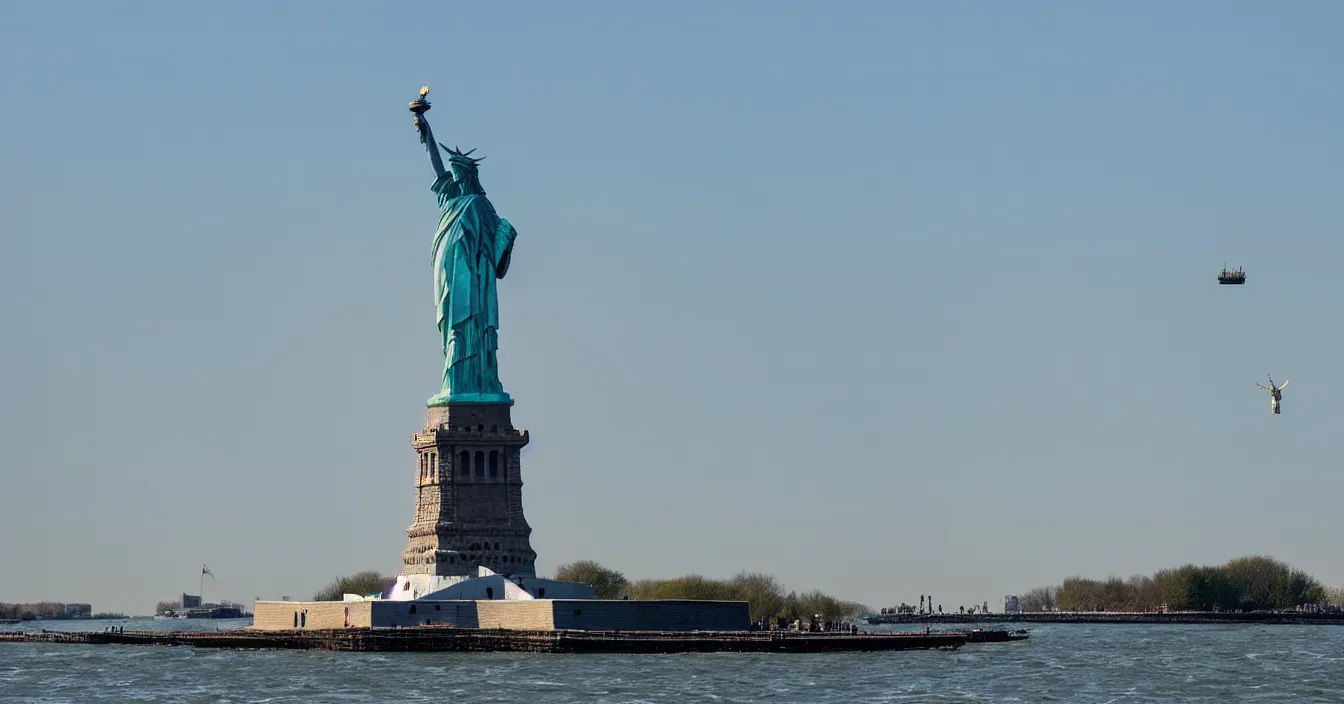 Image similar to the statue of liberty broke free from its pedestal and jumped into the water, realistic photo, composition